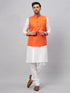 Vastramay Men's Orange Matka Silk Nehru Jacket With White Silk Blend Kurta Pyjama Set